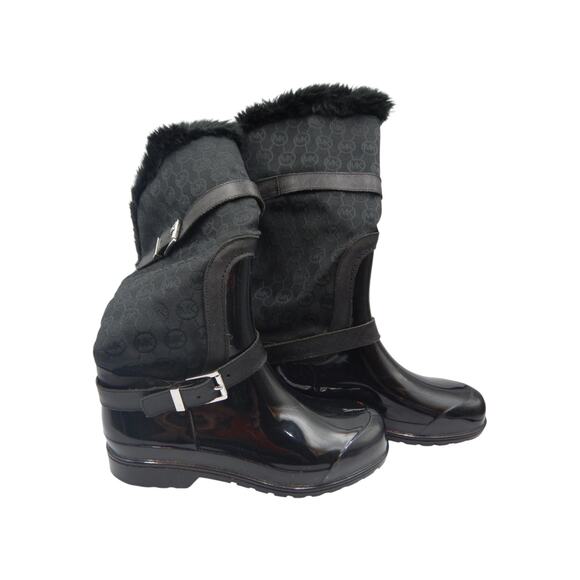 Michael Kors Fulton Fur Trim Monogram Jacquard Rubber Knee High Rainboot Black 7 - Picture 8 of 12